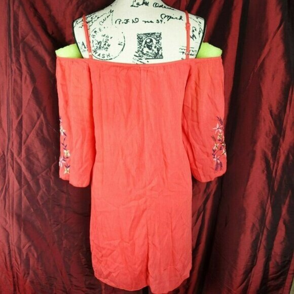 Rebellion Again Coral Boho Embroidered floral cold shoulder‎ shift dress Small - Picture 5 of 9